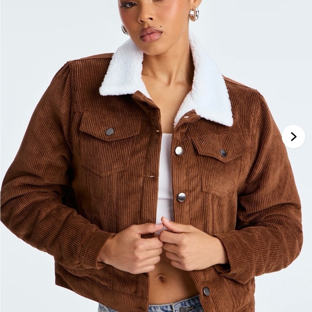 Fashion Nova Brown Corduroy Teddy Jacket with White Collar Size S